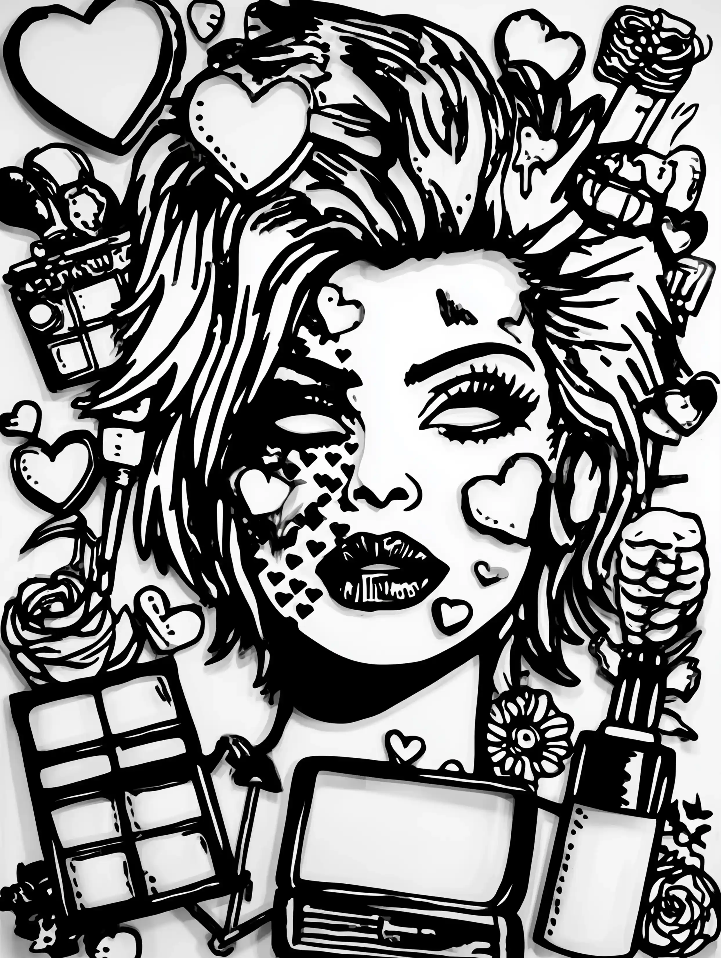 Free printable makeup coloring page for adults featuring a zombie face with hearts